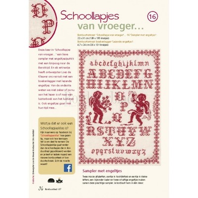 Borduurblad productfoto Patroon Schoollapjes van vroeger...16 Sampler met engeltjes & Boekenlegger Lezende engeltjes