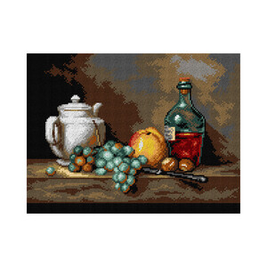 Borduurblad productfoto Voorbedrukt canvas ‘Still Life with teapot, grapes, and apple’
