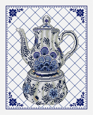 Borduurblad productfoto Patroon Delfts blauw serviesgoed - Loes de Kleuver