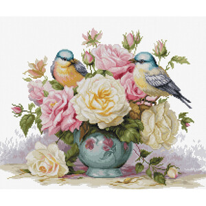 Borduurblad productfoto Borduurpakket Luca-S ‘Vase with Rose and Birds’